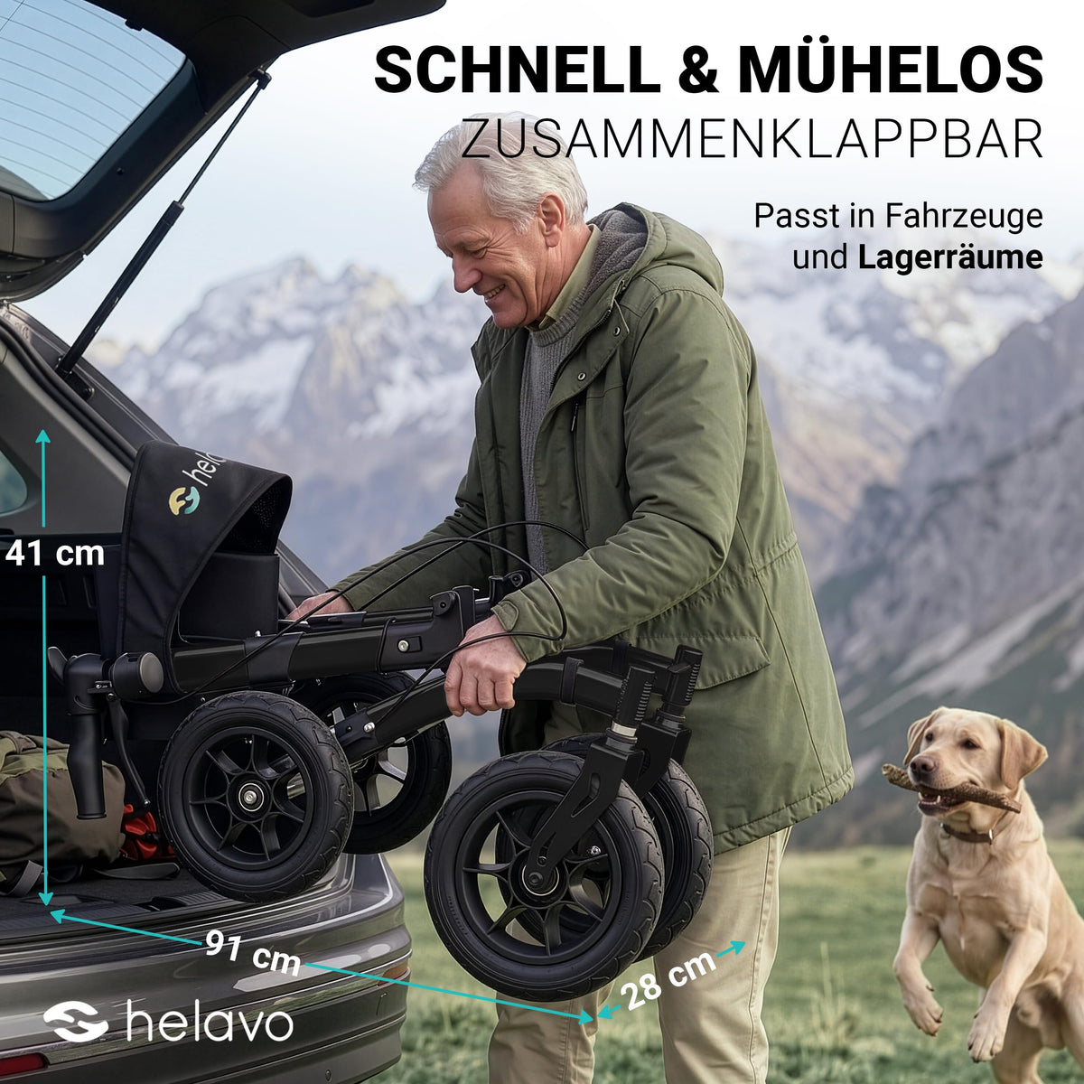 Faltbarer Outdoor Rollator mit Luftbereifung für den Außenbereich als Gehhilfe und Mobilitätshilfe
