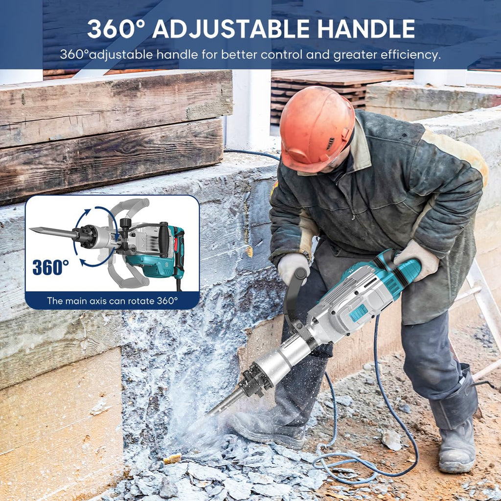 Abbruchhammer 1700W SDS Hex Stemmhammer 65 J Betonbrecher Antivibrationsgriff 2 Meißel Transportbox mit Rollen