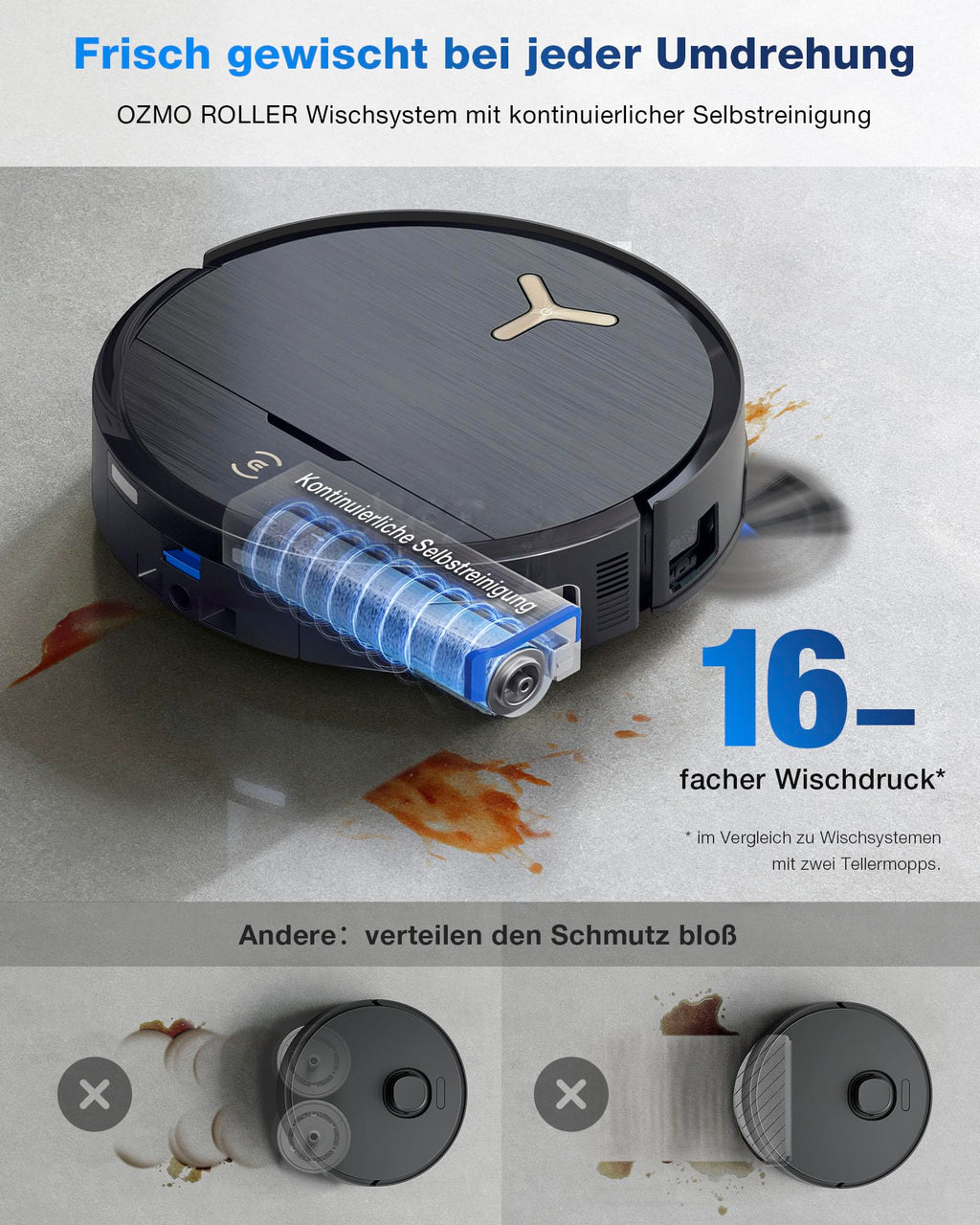 X9 Pro Omni Saugroboter mit Wischfunktion und Saugkraft von 16.600 Pa sowie OZMO Roller Wischsystem
