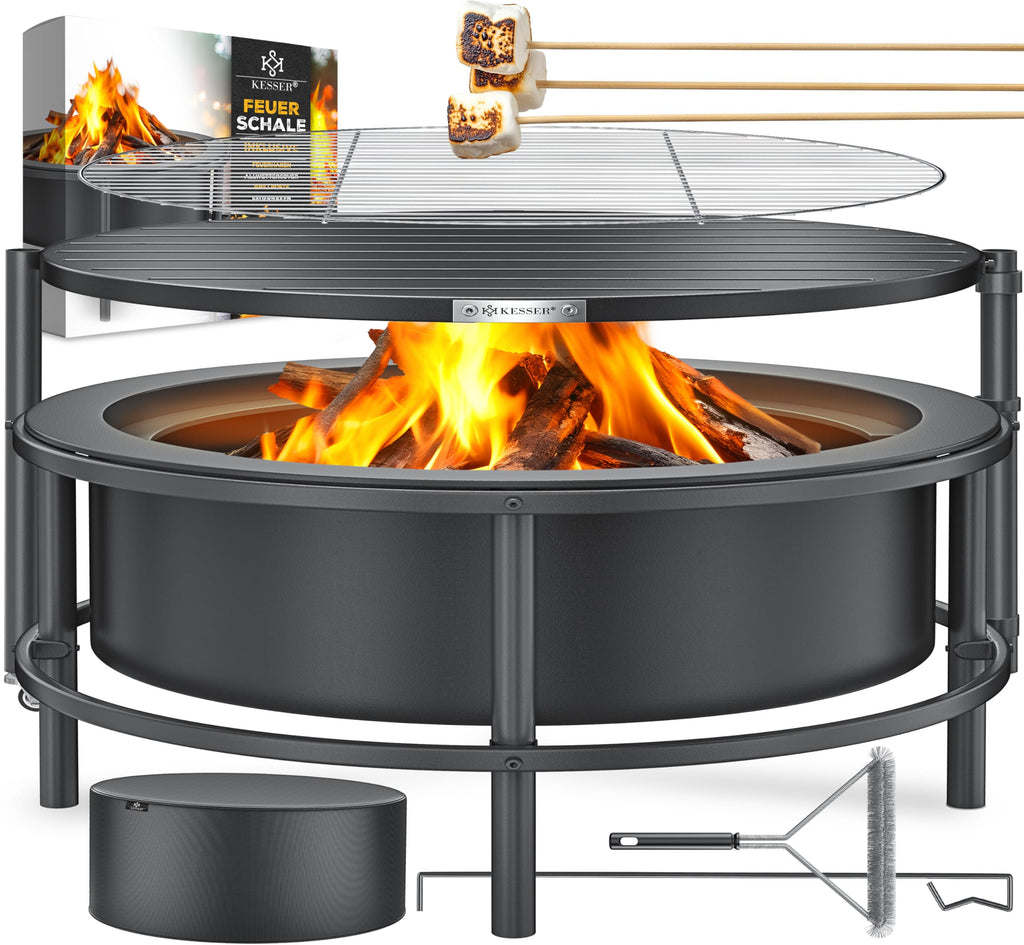 Feuerschale mit Grillrost Ø65cm kaltveredelter Stahl 0,6mm mobil für Holz und Kohle inkl. Feuerhaken