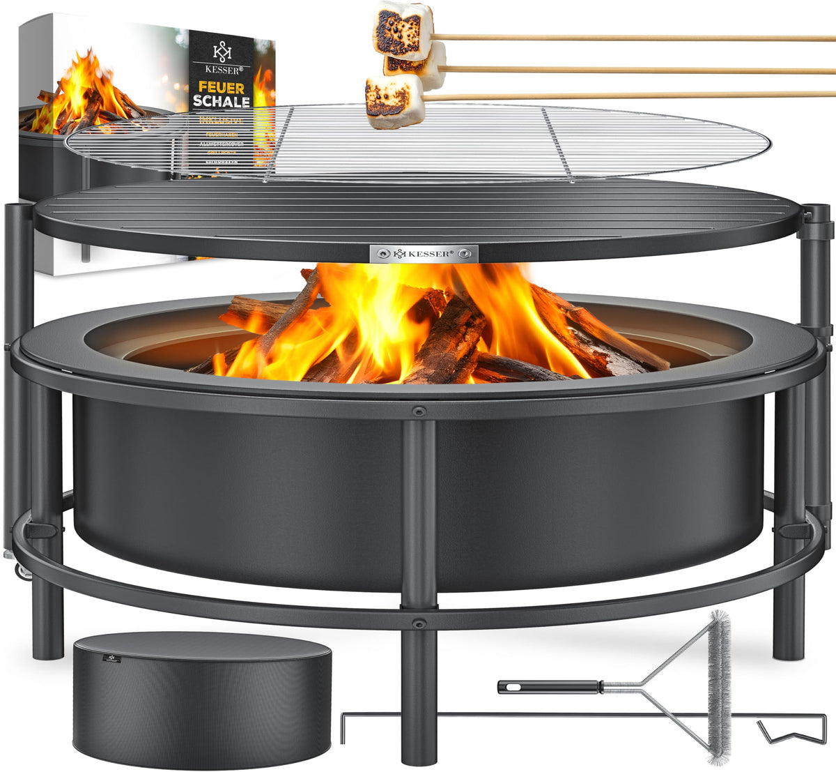 Feuerschale mit Grillrost Ø65cm kaltveredelter Stahl 0,6mm mobil für Holz und Kohle inkl. Feuerhaken