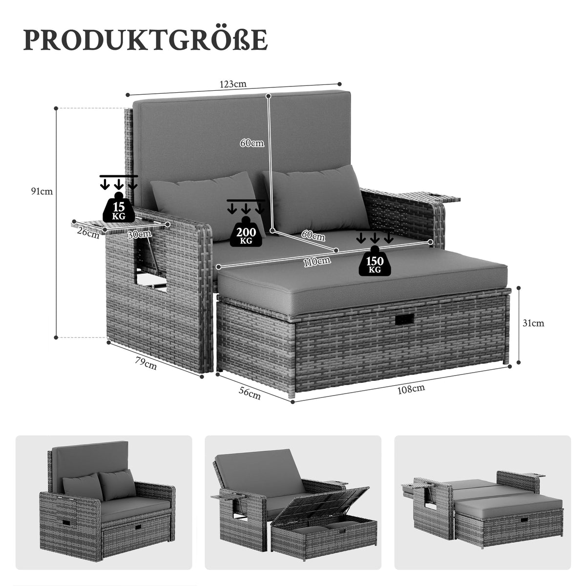 Rattan Gartenlounge Set 2 Sitzer Gartensofa Auflagenbox verstellbare Rückenlehne wetterfest Hocker Kissen Grau