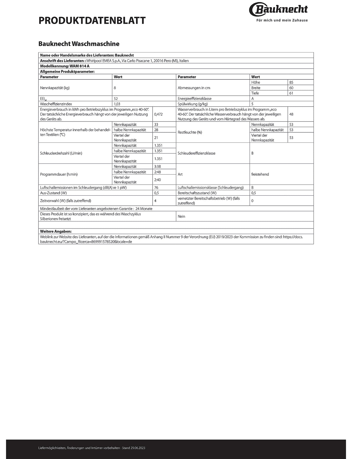 Waschmaschine Frontlader 8kg WAM 814 A Anti Allergie Wolleprogramm Kurz 45 AutoClean Energieeffizienzklasse A