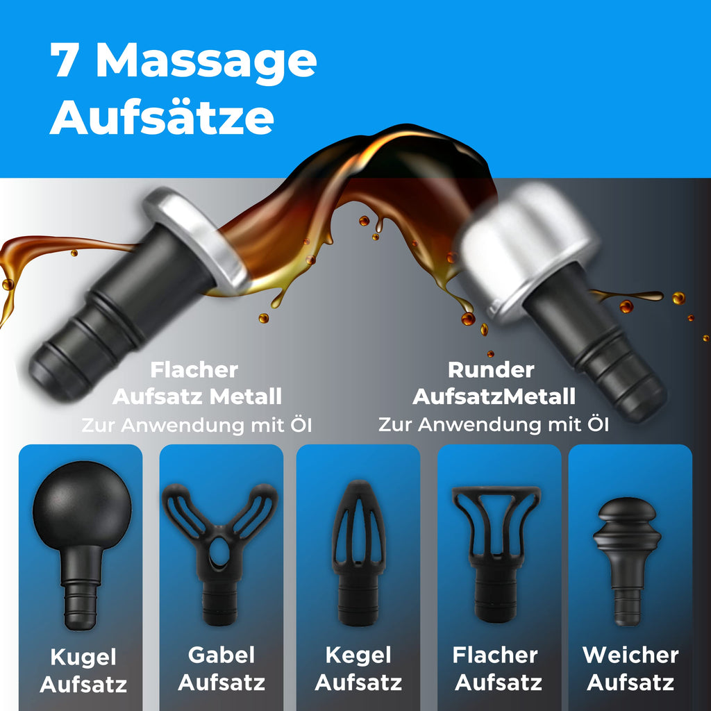 Massagepistole OrthoGun 3.0 mit App, 7 Aufsätzen und Koffer, 160W Motor, 5 Intensitäten, 360 Minuten Laufzeit