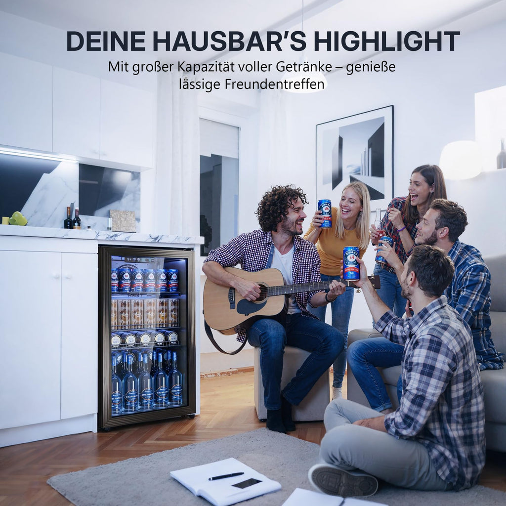 Mini Getränkekühlschrank 90L mit Glasfront für bis zu 128 Dosen mit verstellbaren Regalen Energieklasse C