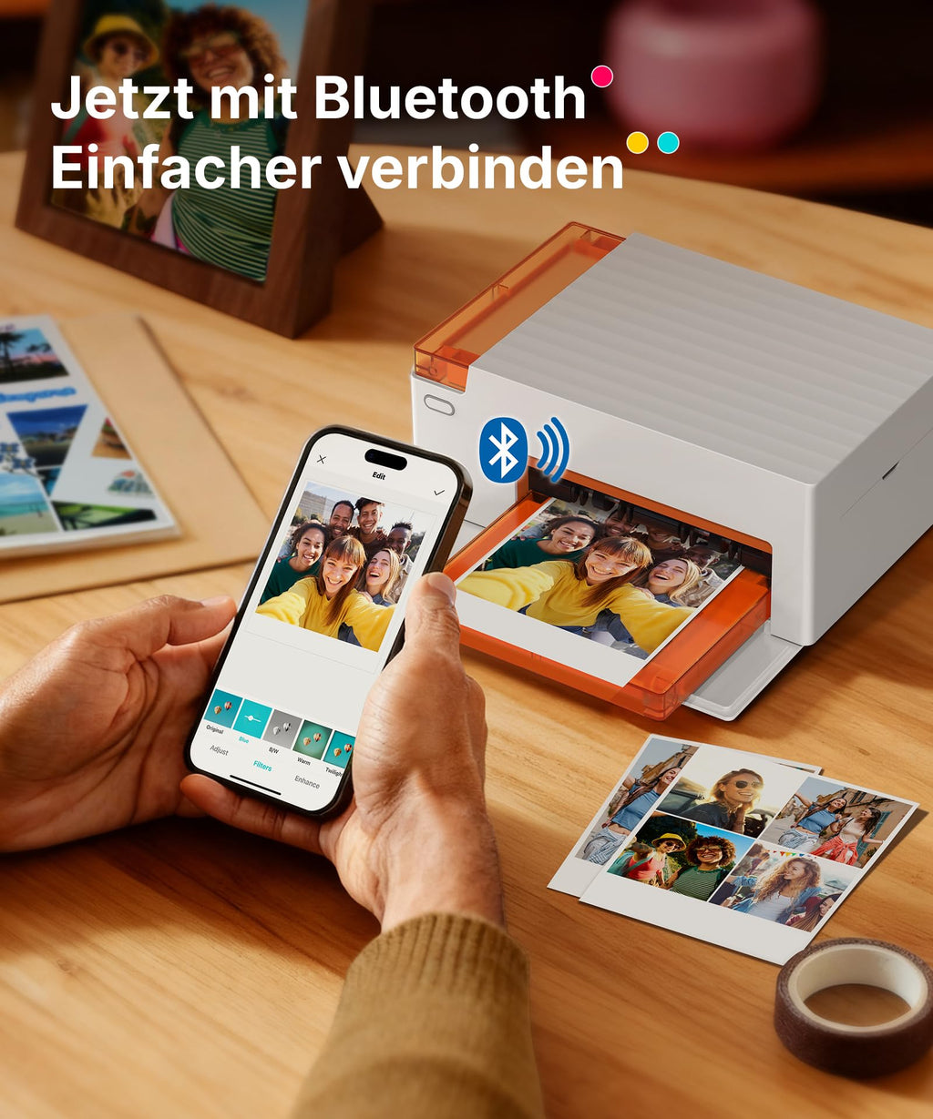 Amber M110 Mini Fotodrucker für Smartphone, Bluetooth, Thermosublimation, 60 Blatt 10x15 Papier, 2 Farbbänder