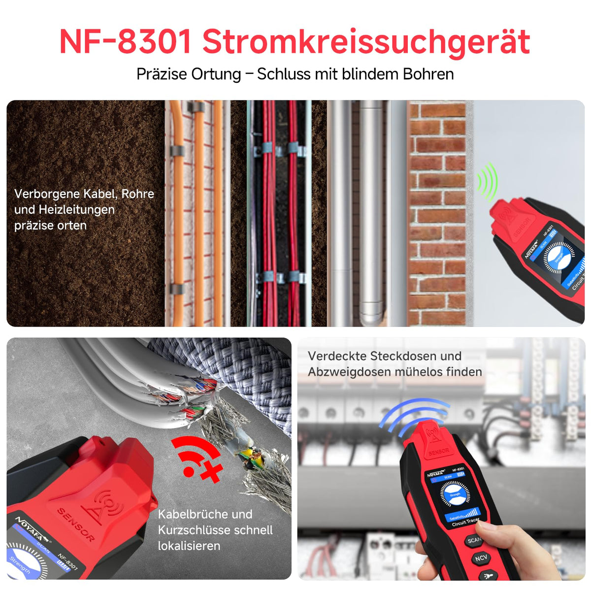 NF8301 Kabelsuchgerät und Leitungssucher mit Digitalmultimeter 8 Stufen für Wand Sicherung Bewässerungskabel