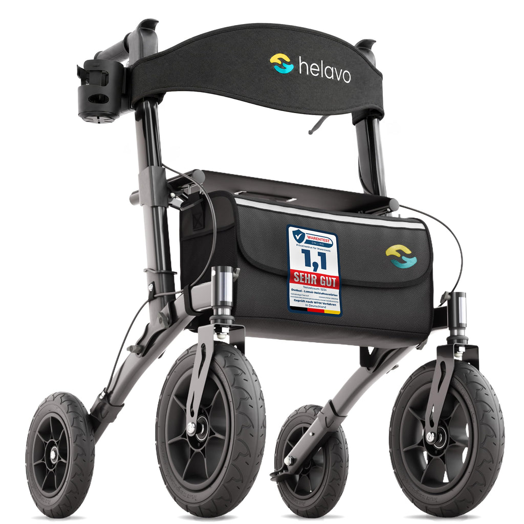 Faltbarer Outdoor Rollator mit Luftbereifung für den Außenbereich als Gehhilfe und Mobilitätshilfe