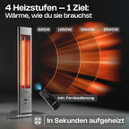 HeatTower Infrarot Standheizstrahler 2500 Watt 4 Heizstufen mit Fernbedienung für Terrasse Outdoor elektrisch