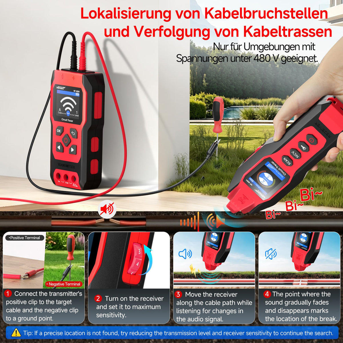 NF8301 Kabelsuchgerät und Leitungssucher mit Digitalmultimeter 8 Stufen für Wand Sicherung Bewässerungskabel