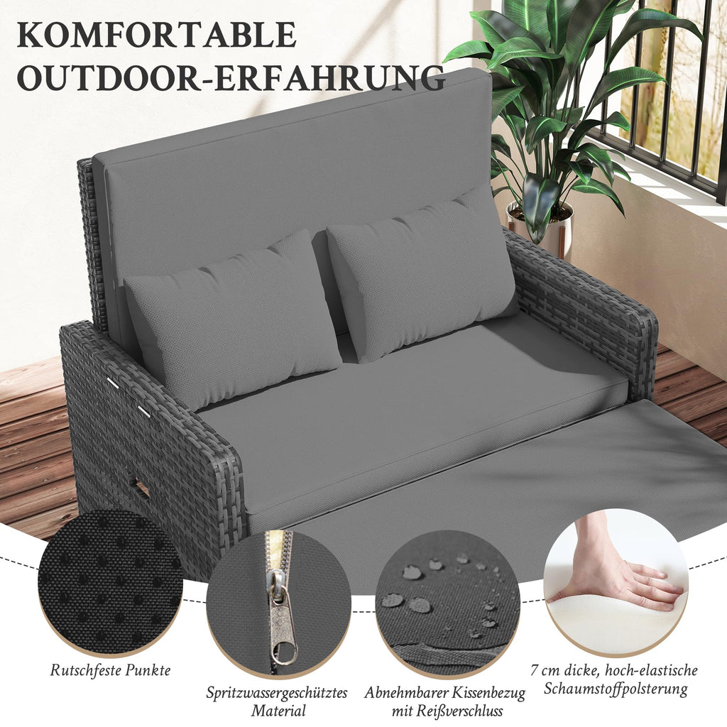 Rattan Gartenlounge Set 2 Sitzer Gartensofa Auflagenbox verstellbare Rückenlehne wetterfest Hocker Kissen Grau