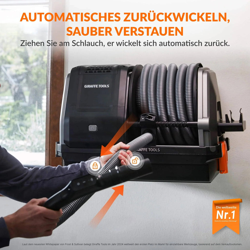Grandstorm einziehbarer Staubsauger 10m knickfester Schlauch Wandmontage 6 Düsen Garage Fernbedienung Schwarz