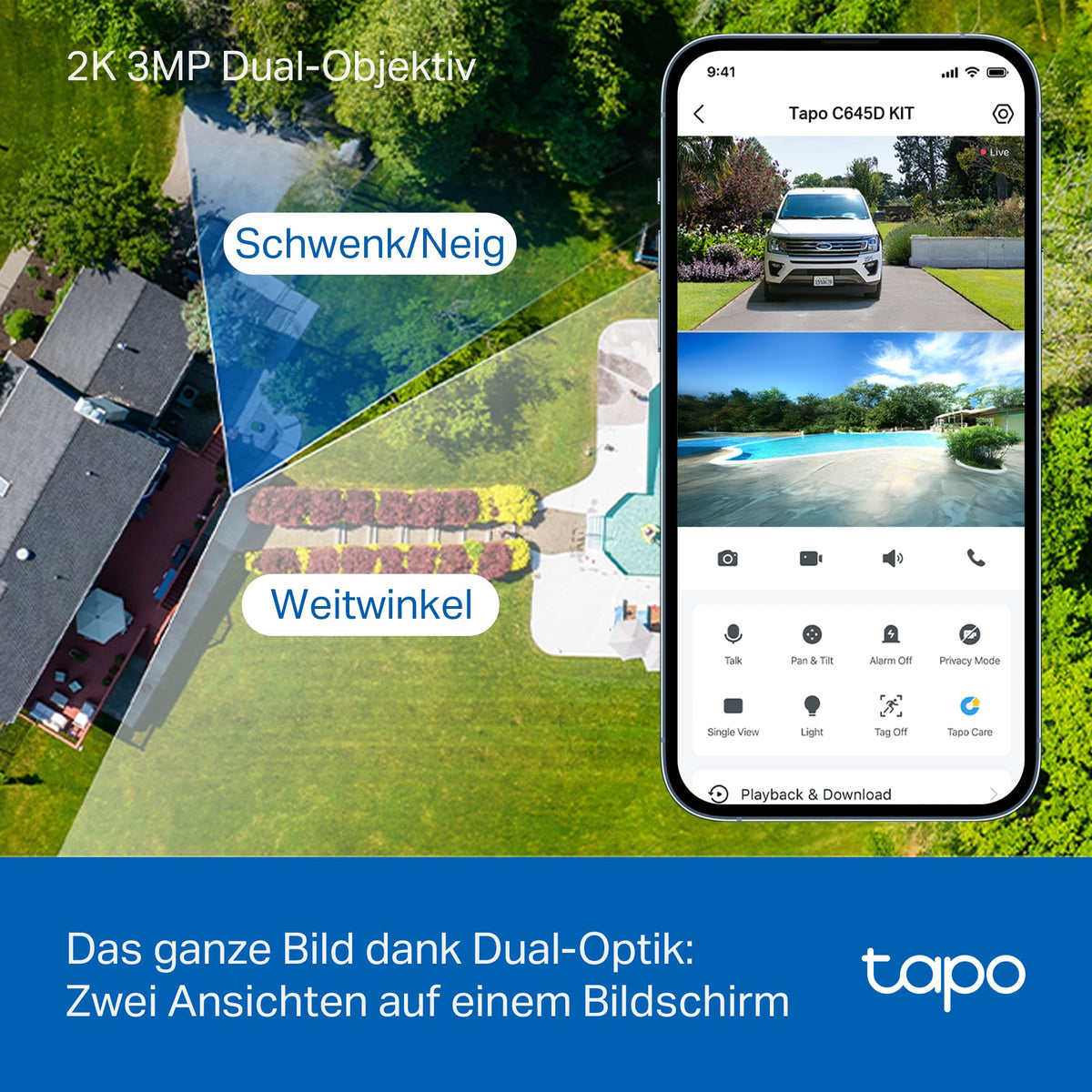 C645D KIT Solar Außenkamera mit Akku 2K Dualobjektiv 165° 6mm WLAN 2,4/5GHz KI Erkennung 24/7 microSD Cloud