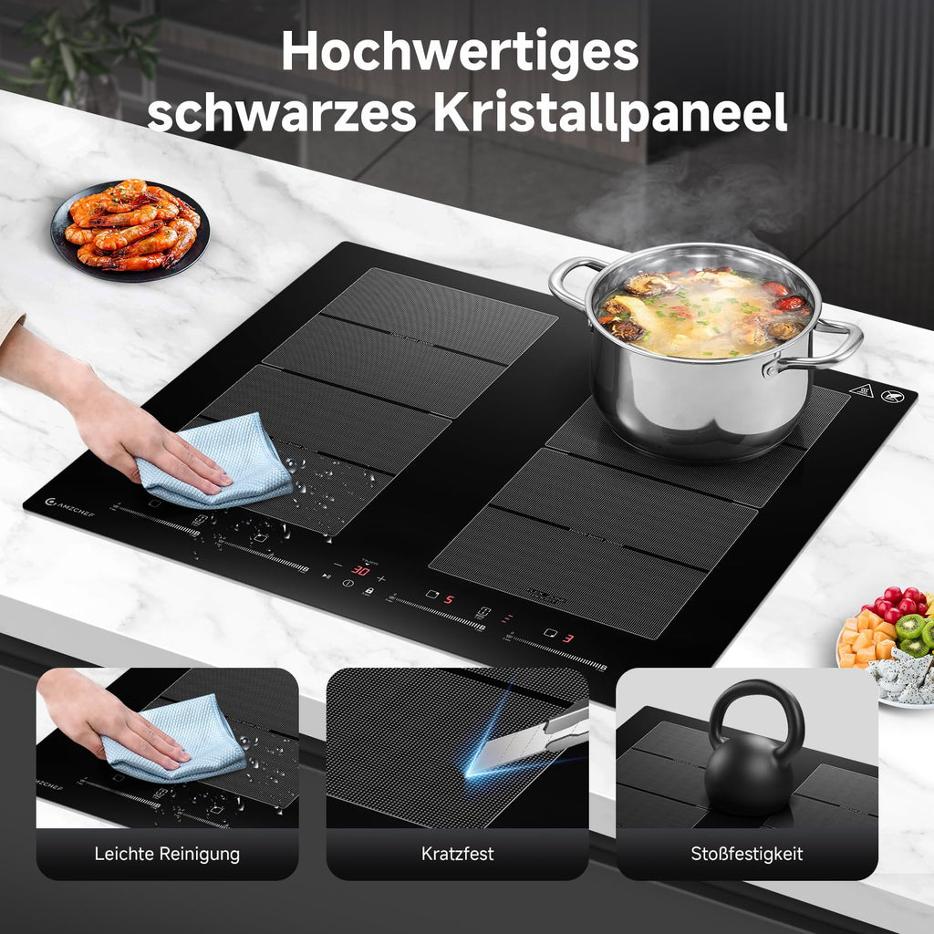 Induktionskochfeld 60 cm mit 2 Flexzonen und Booster für schnelles Aufheizen aus Glaskeramik