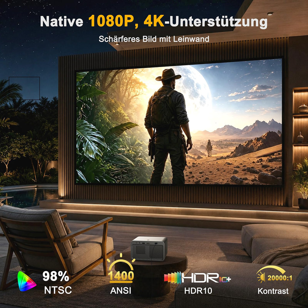 Beamer 4K Heimkinoprojektor kompatibel, 1080P, Autofokus, HDMI CEC