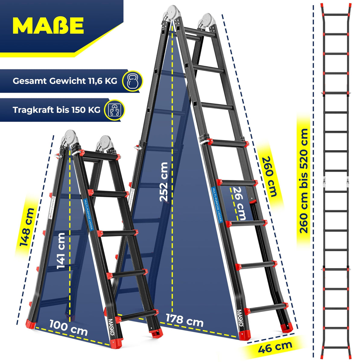 Alu 6in1 Mehrzweckleiter 20 Sprossen 520 cm 150 kg ausziehbar rutschfest Gelenkleiter Anlegeleiter Schwarz