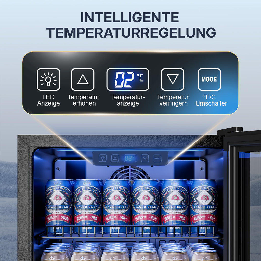 Mini Getränkekühlschrank 90L mit Glasfront für bis zu 128 Dosen mit verstellbaren Regalen Energieklasse C