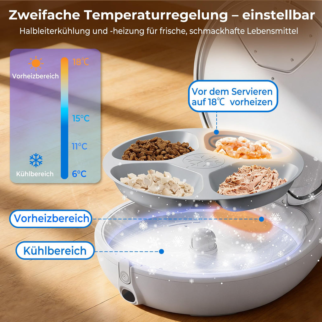 Intelligenter Nassfutterautomat für Katzen mit Halbleiterkühlung und Heizung App 4 Mahlzeiten Infrarotsensor
