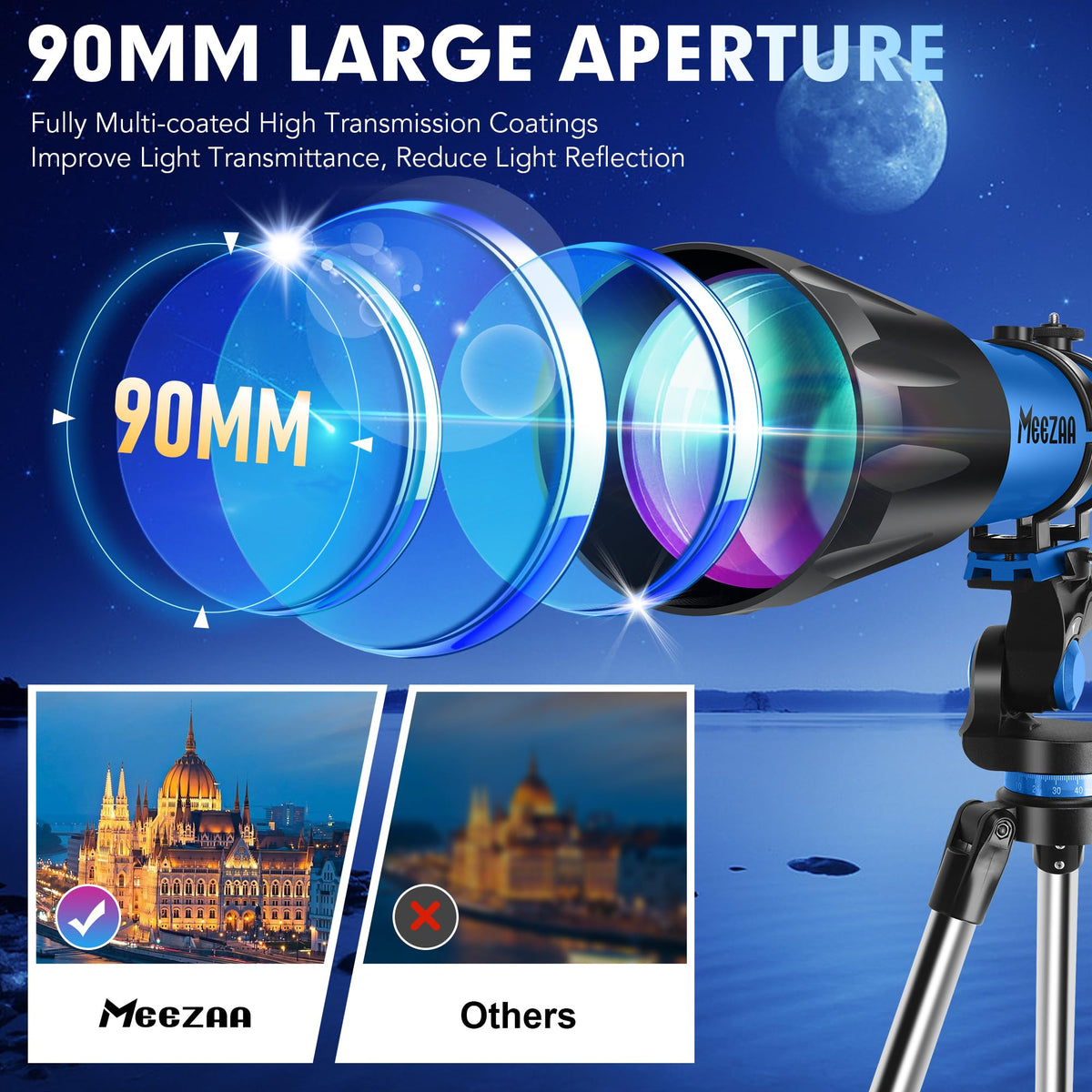 Astronomisches Refraktorteleskop 90mm Blende 800mm AZ Mount für Erwachsene und Kinder Anfänger mit Stativ