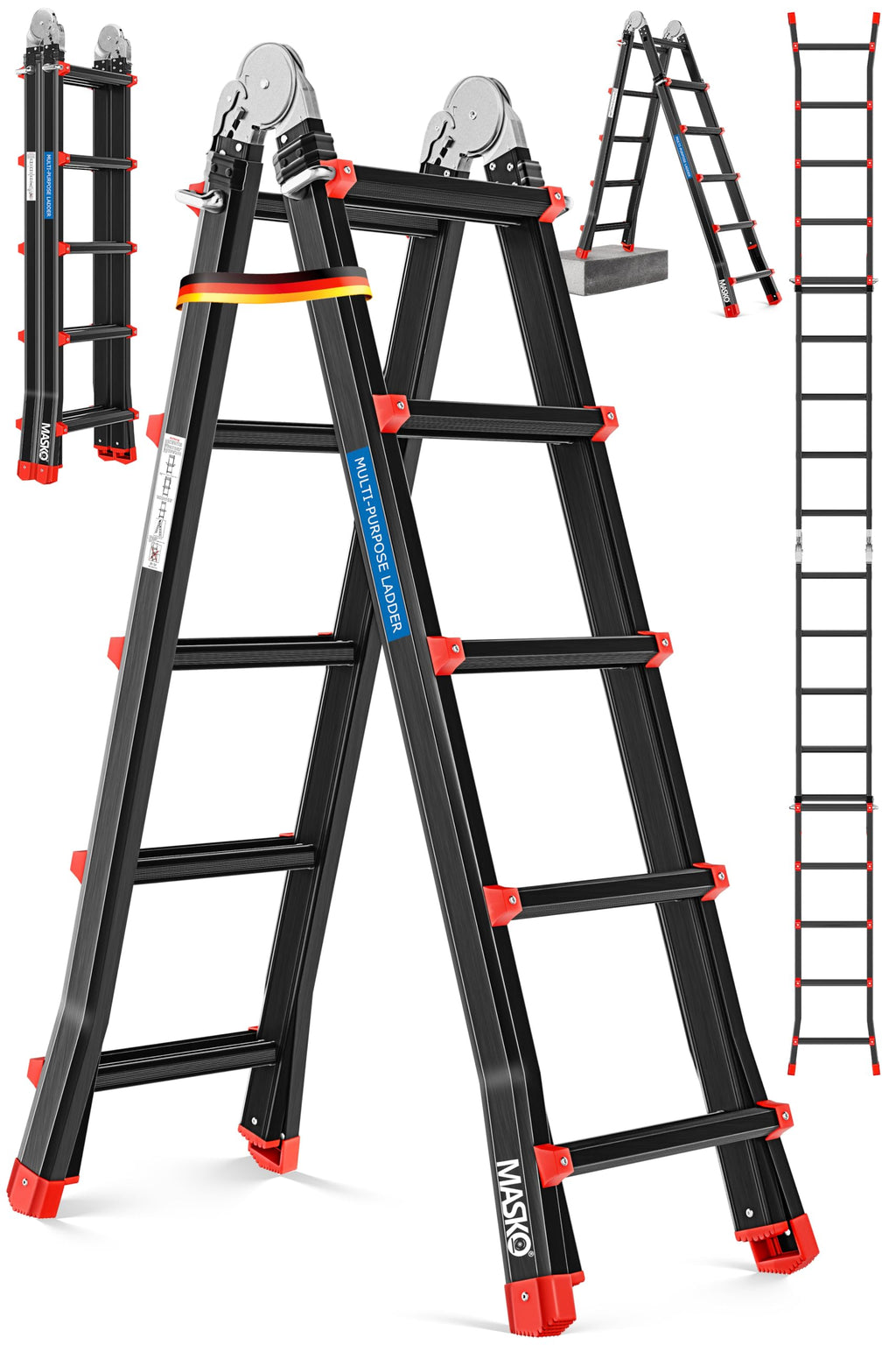 Alu 6in1 Mehrzweckleiter 20 Sprossen 520 cm 150 kg ausziehbar rutschfest Gelenkleiter Anlegeleiter Schwarz