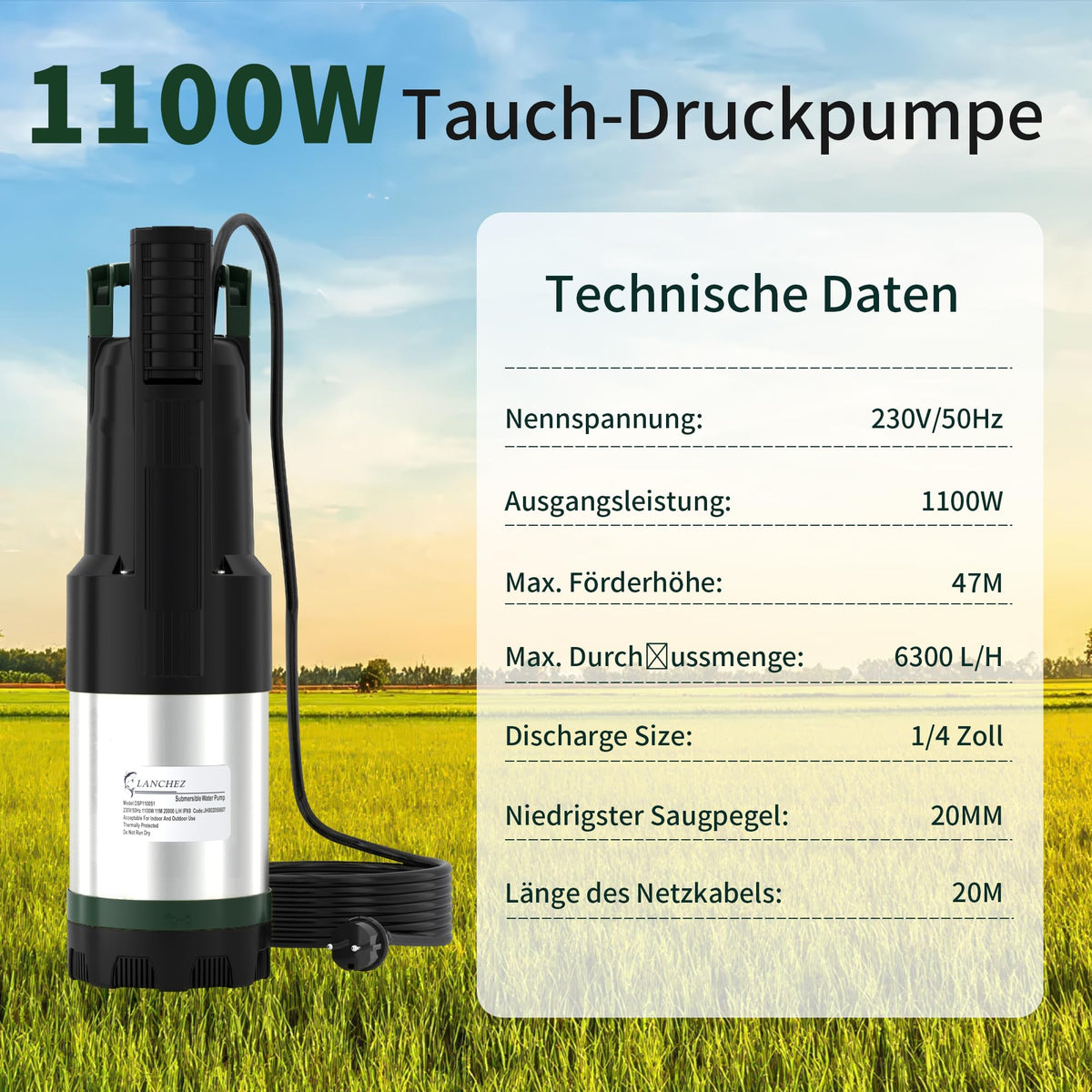 Tauchdruckpumpe 1100W 6300 l/h max. Förderhöhe 47 m für Gartenbewässerung, Wassertank und Kellerentwässerung