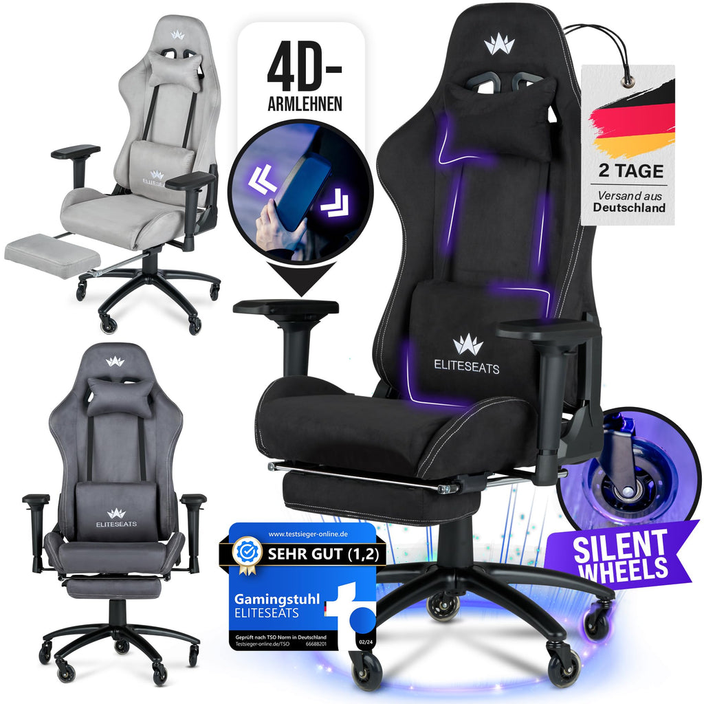 Ergonomischer Gaming Stuhl mit Stoffbezug und Fußstütze belastbar bis 150 Kilogramm