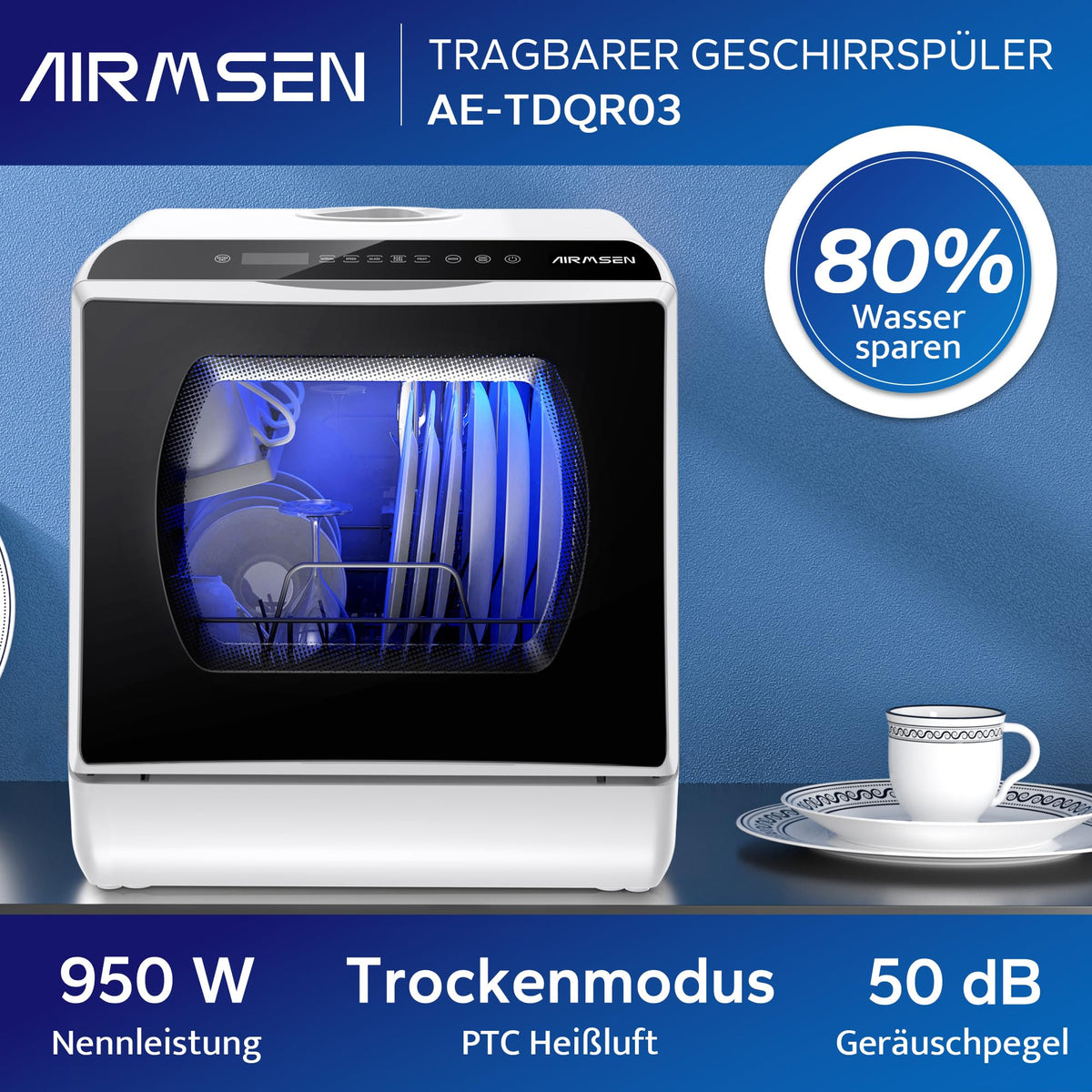 Platzsparender Mini Tischgeschirrspüler mit 5+1 Programmen und Energieklasse D für Zuhause