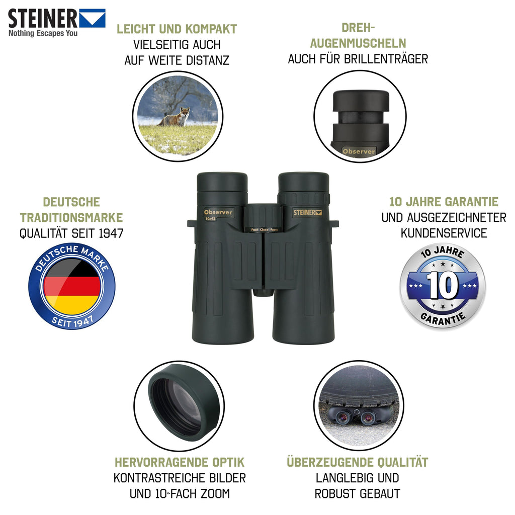 Jagd-Fernglas Observer 10x42 - leichtes Dachkantdesign, kompakt, robust, 10-Fach Zoom