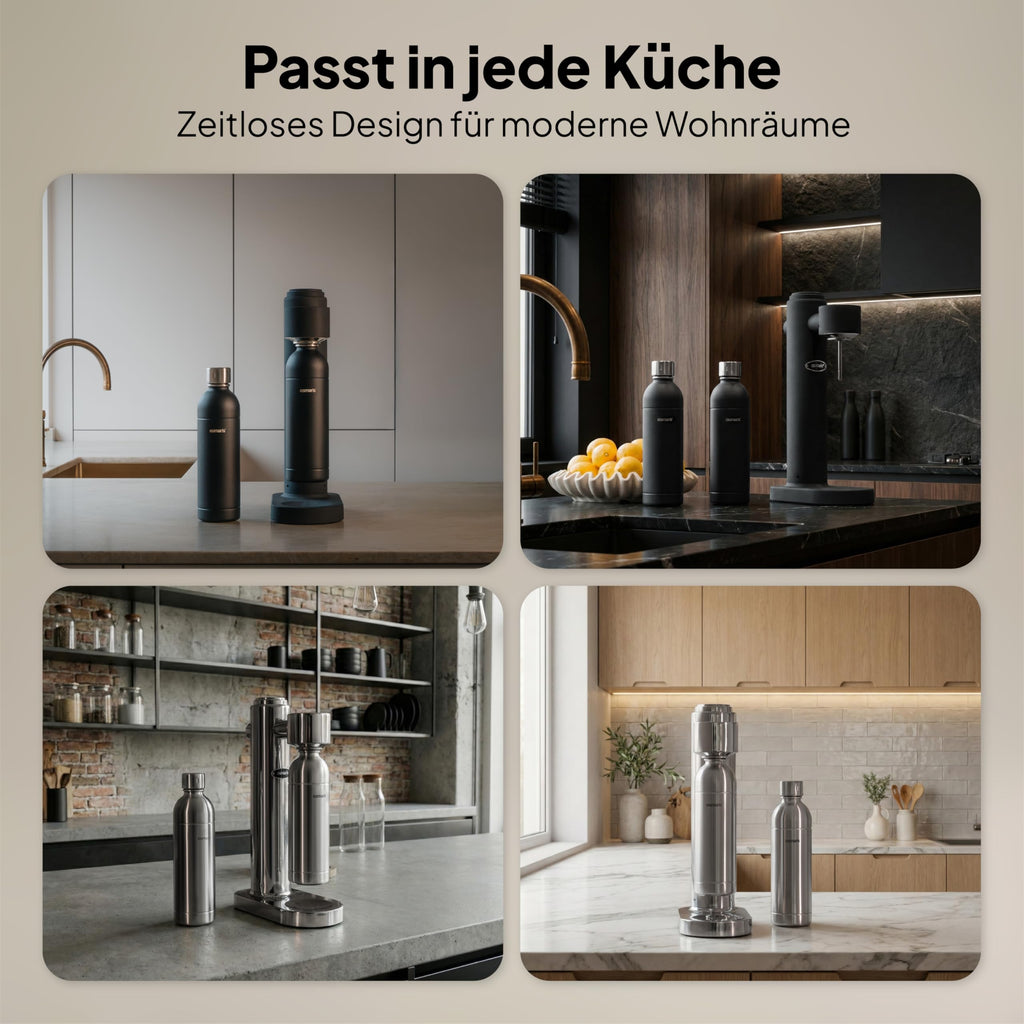 Wassersprudler aus Edelstahl, 2x 1,1 L Edelstahlflaschen, geschmacksneutral, 100% dicht, mit Druckablassventil