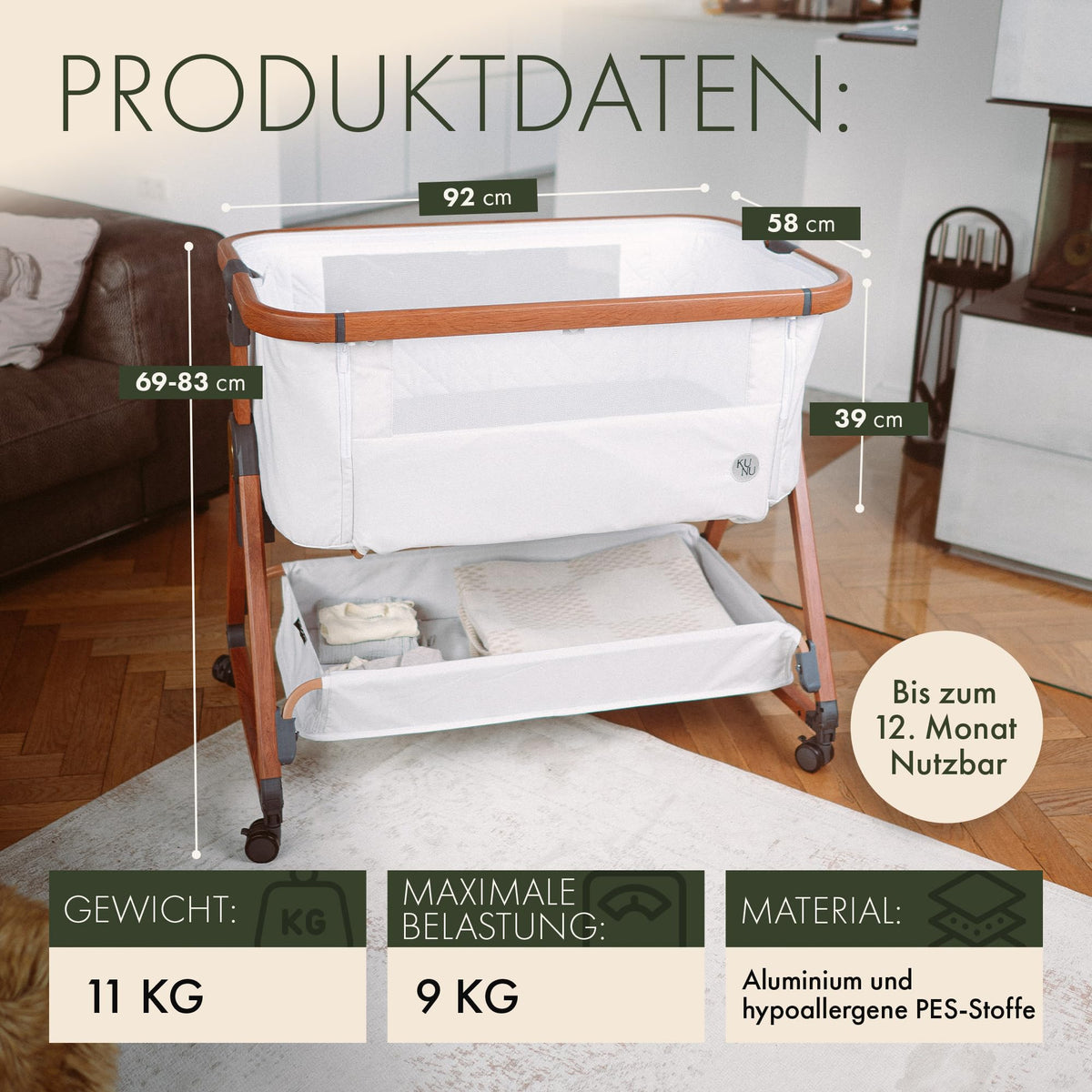 Beistellbett mit Rollen für Boxspringbett, 3 in 1 Stubenwagen und Reisebett höhenverstellbar, inkl Reisetasche