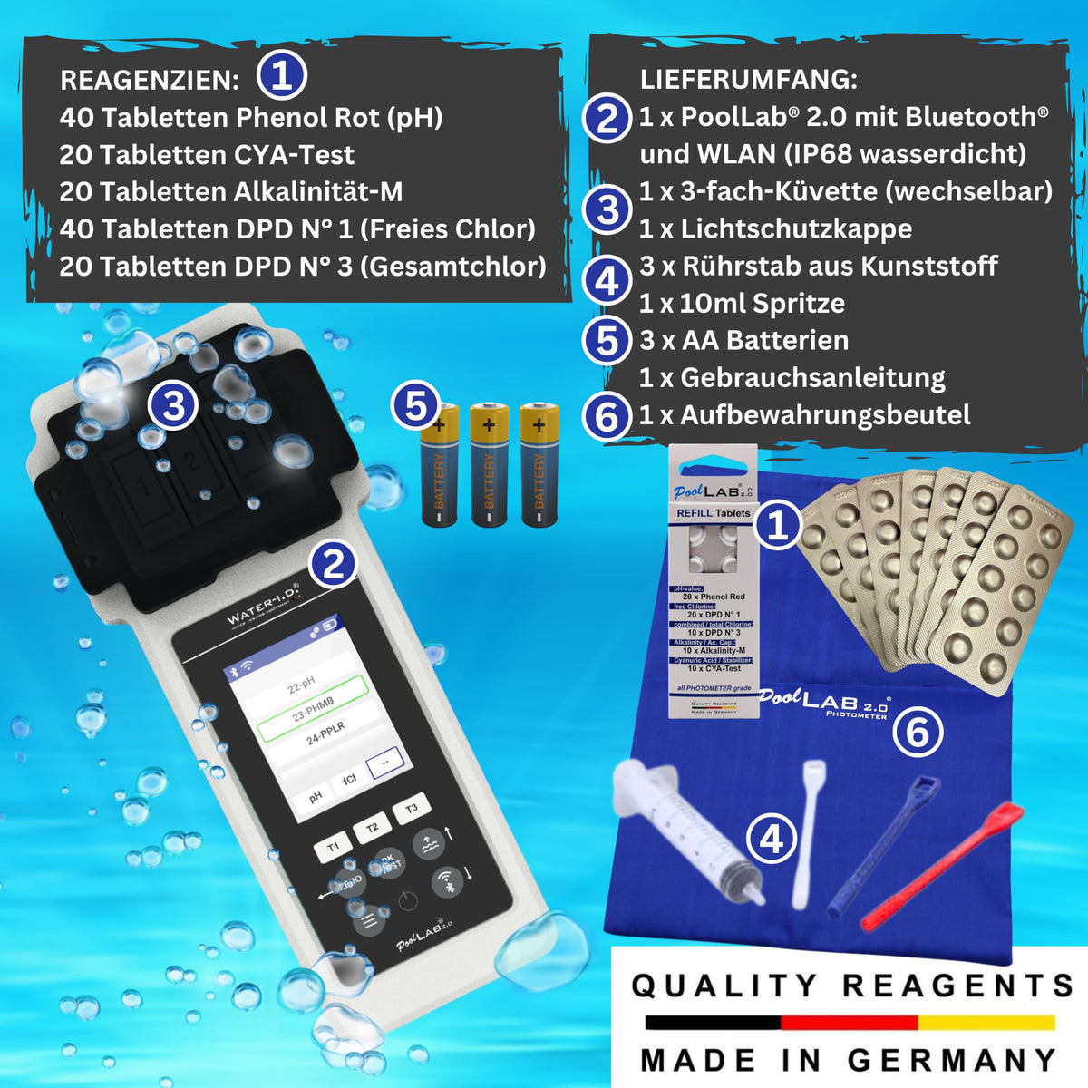 Poolphotometer 2.0 Special Ed., Bluetooth/WLAN, 140 Testtab., Chlor, pH, Phenol Red, Alkalinity M, Cyanursäure