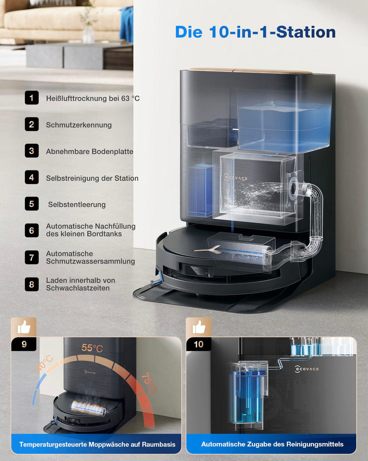 X9 Pro Omni Saugroboter mit Wischfunktion und Saugkraft von 16.600 Pa sowie OZMO Roller Wischsystem