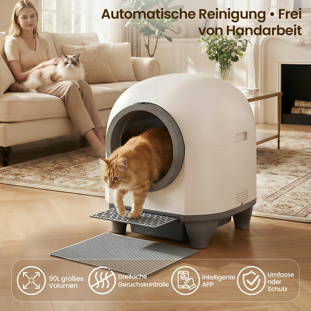 Automatisches Katzenklo 90L Katzentoilette mit Selbstreinigungsfunktion für Mehrkatzenfamilien