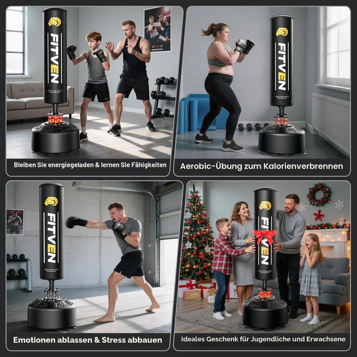 Freistehender Boxsack 100kg 180cm mit Boxhandschuhen und Saugnapf Punching Bag für Zuhause Erwachsene Familie