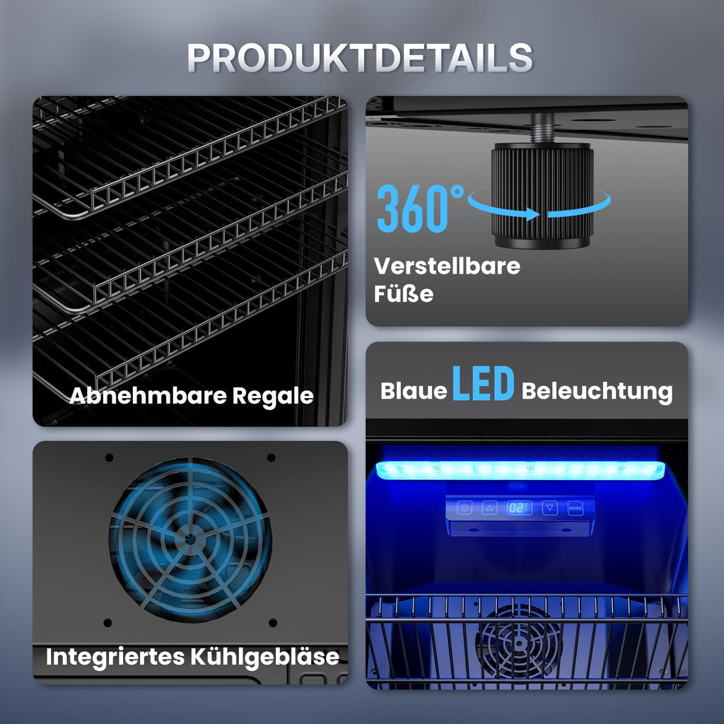 Mini Getränkekühlschrank 90L mit Glasfront für bis zu 128 Dosen mit verstellbaren Regalen Energieklasse C