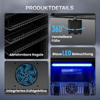 Mini Getränkekühlschrank 90L mit Glasfront für bis zu 128 Dosen mit verstellbaren Regalen Energieklasse C