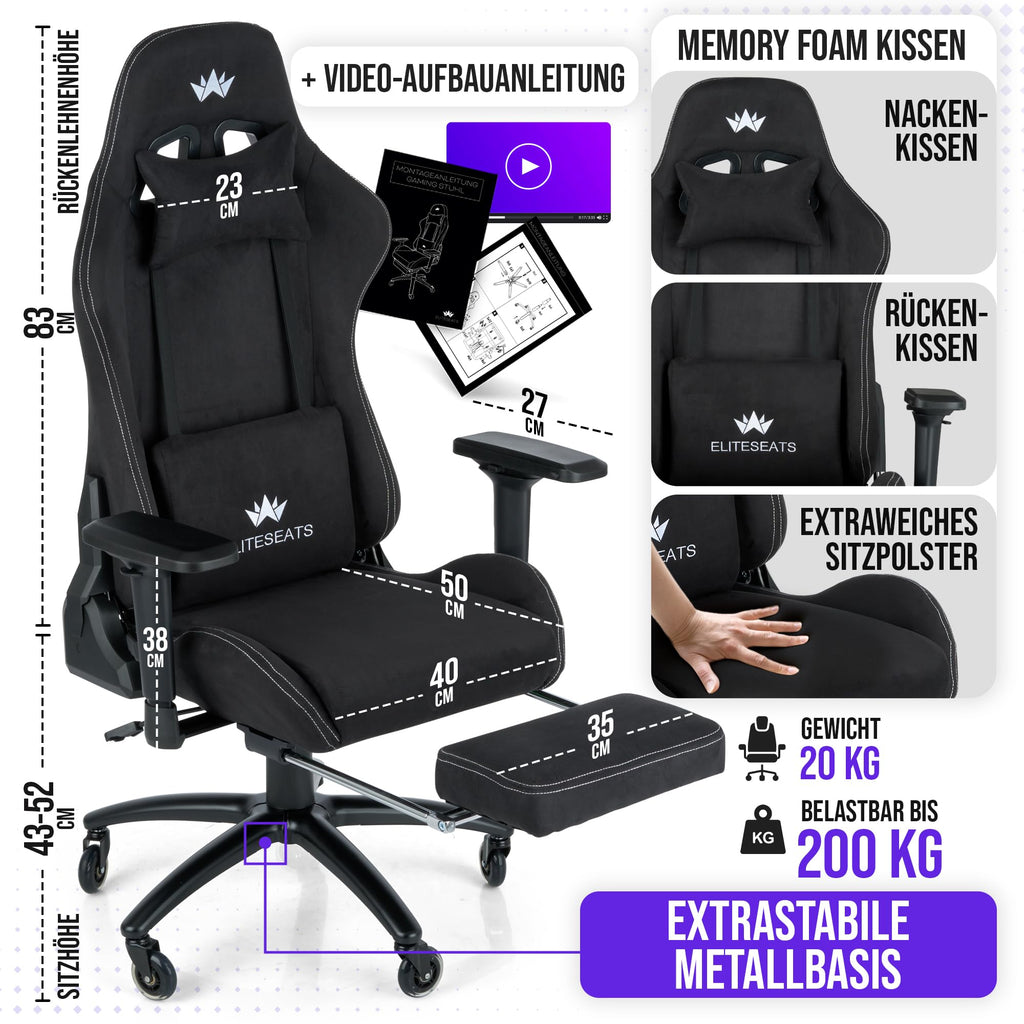 Ergonomischer Gaming Stuhl mit Stoffbezug und Fußstütze belastbar bis 150 Kilogramm