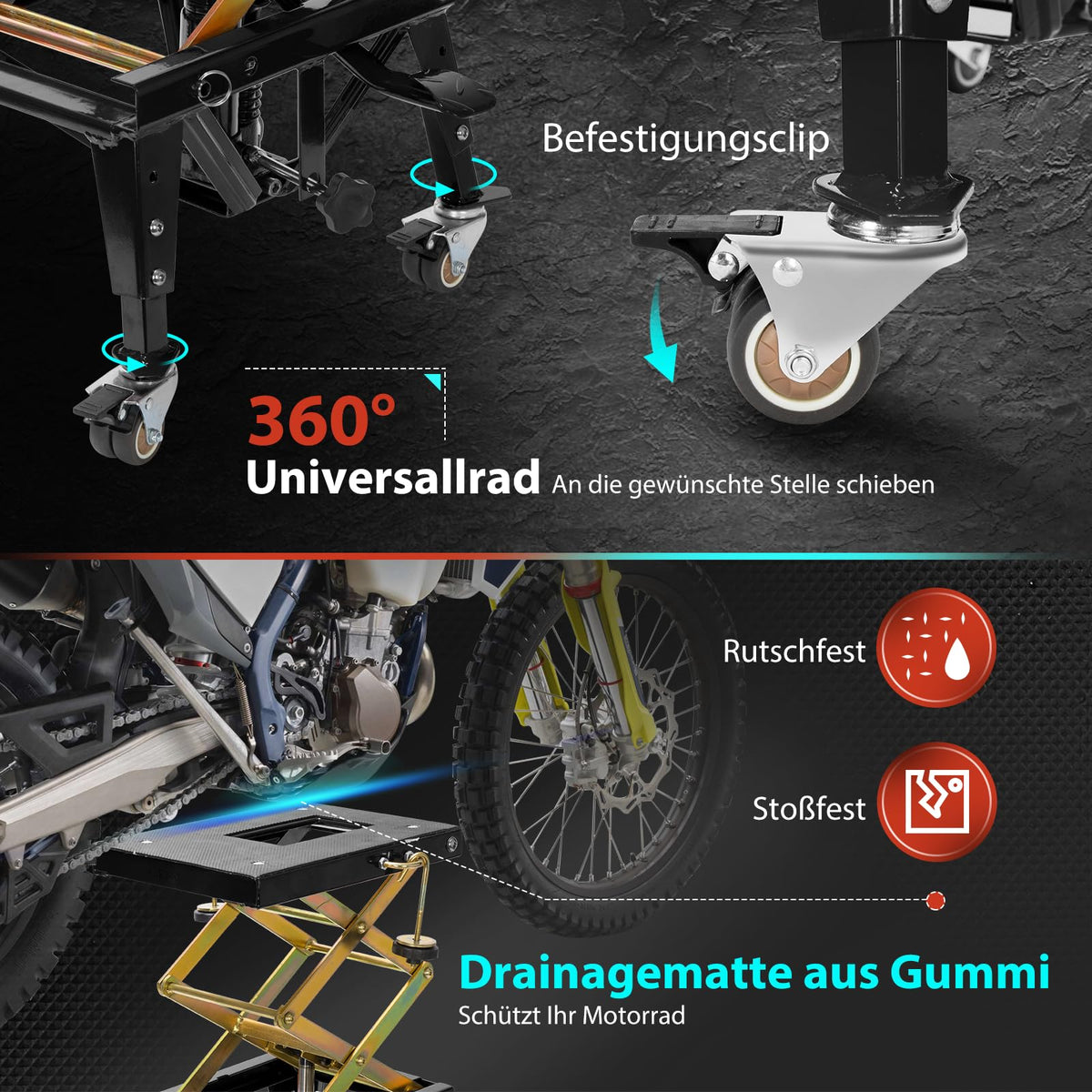 Hydraulischer Motorradheber in Schwarz mit 160 kg Tragkraft und 4 Rollen zum Aufbocken und Transportieren