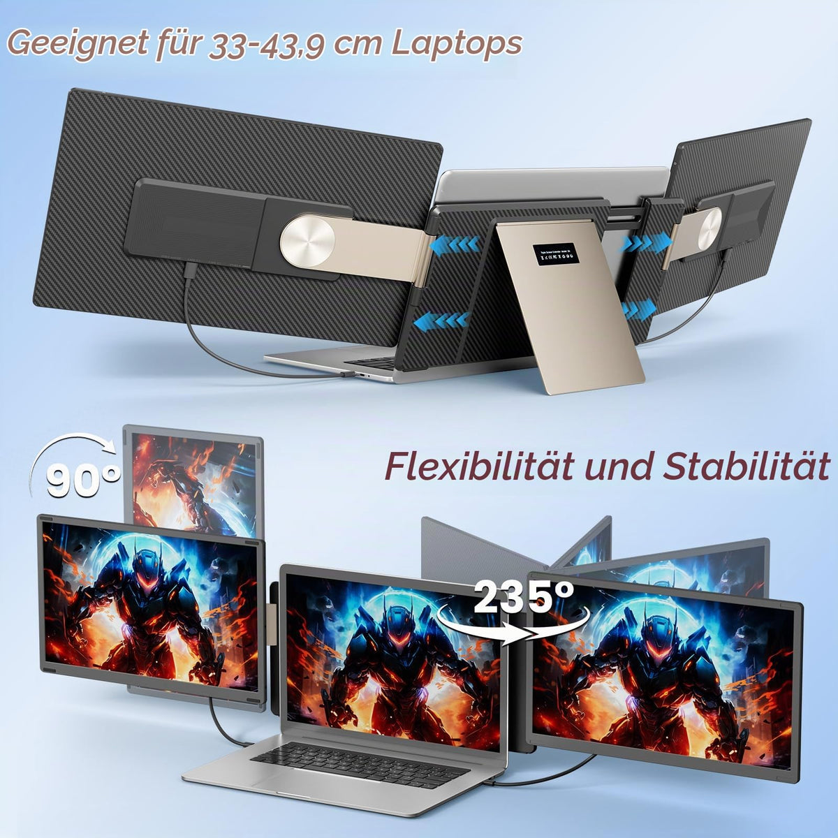 15.6” 1080P FHD Triple Laptop Monitor Erweiterung, Um 235° Drehbarer, Abnehmbarer Dreifach-Bildschirm für 13-17,3” Laptops
