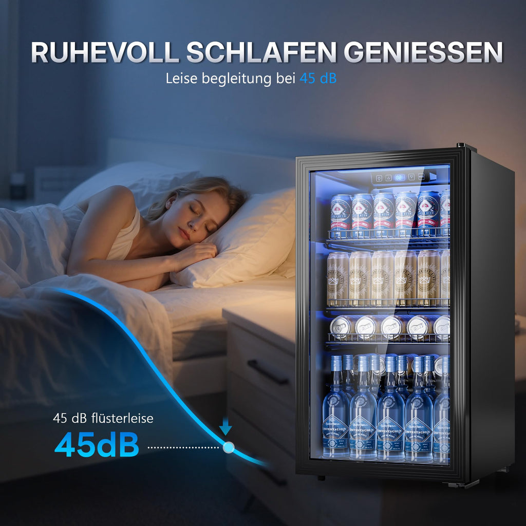 Mini Getränkekühlschrank 90L mit Glasfront für bis zu 128 Dosen mit verstellbaren Regalen Energieklasse C