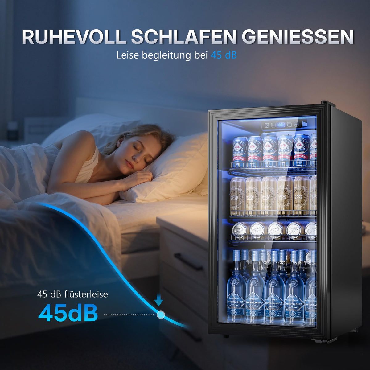 Mini Getränkekühlschrank 90L mit Glasfront für bis zu 128 Dosen mit verstellbaren Regalen Energieklasse C
