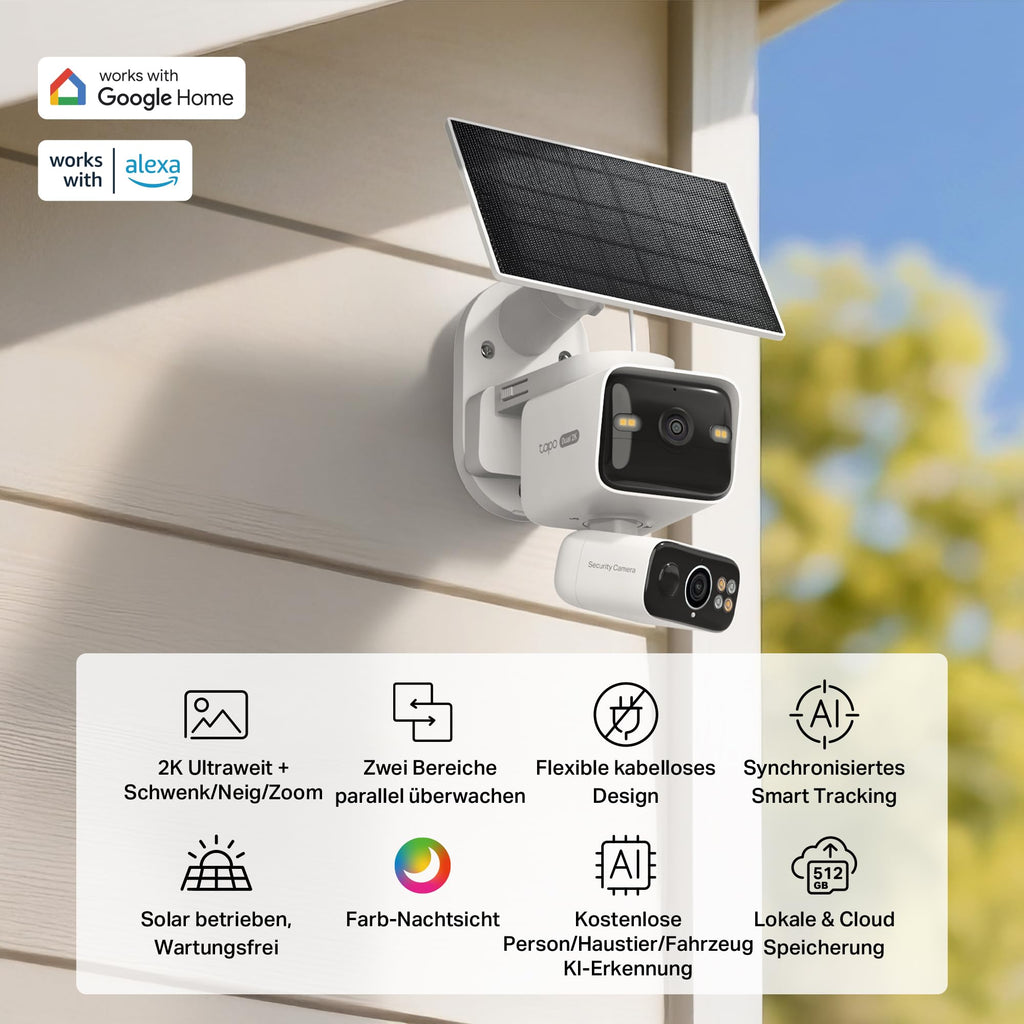 C645D KIT Solar Außenkamera mit Akku 2K Dualobjektiv 165° 6mm WLAN 2,4/5GHz KI Erkennung 24/7 microSD Cloud