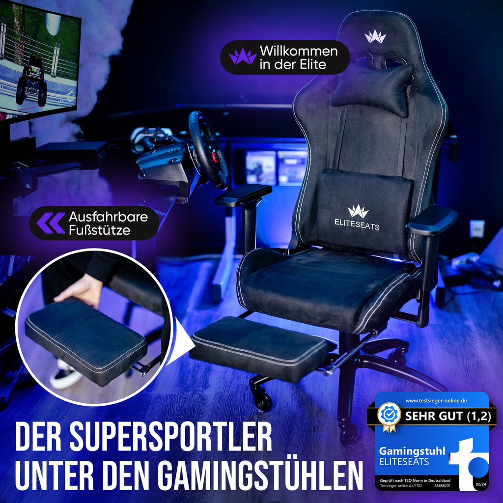 Ergonomischer Gaming Stuhl mit Stoffbezug und Fußstütze belastbar bis 150 Kilogramm