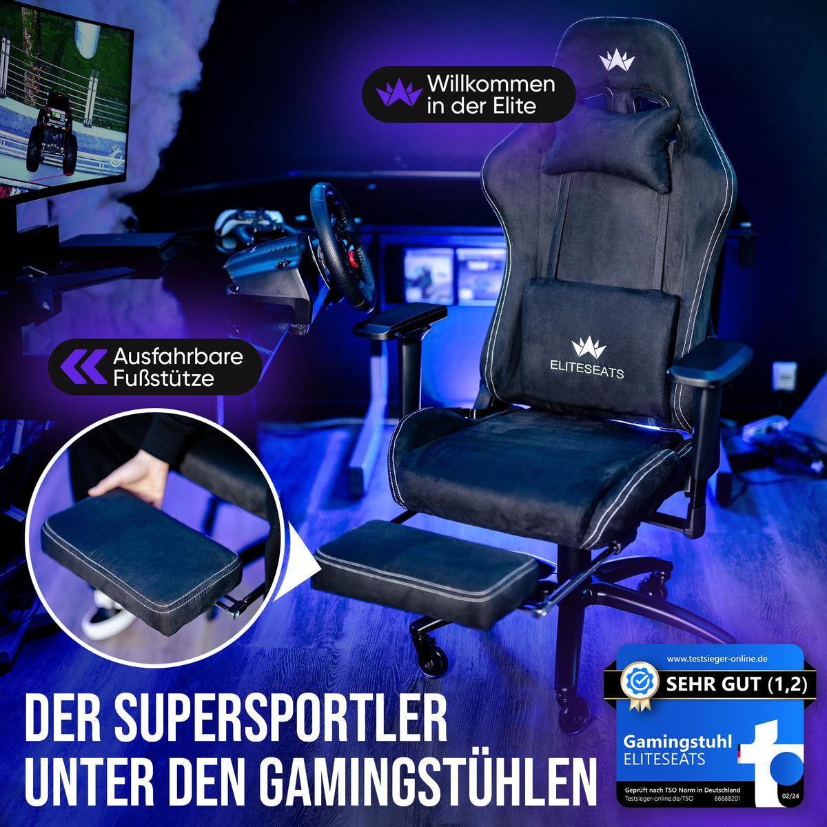 Ergonomischer Gaming Stuhl mit Stoffbezug und Fußstütze belastbar bis 150 Kilogramm