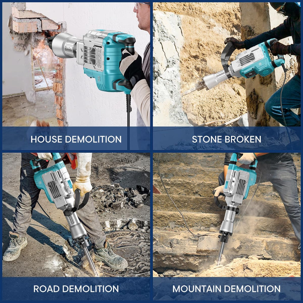 Abbruchhammer 1700W SDS Hex Stemmhammer 65 J Betonbrecher Antivibrationsgriff 2 Meißel Transportbox mit Rollen