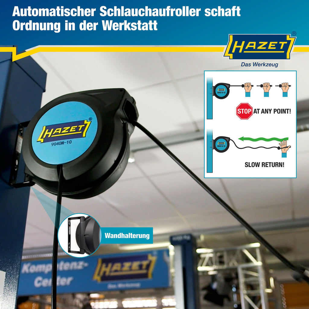 Automatischer Druckluftschlauchaufroller mit 15 m Schlauch und 10 mm Innendurchmesser Modell 9040N10
