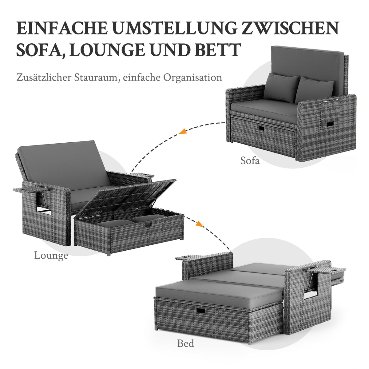 Rattan Gartenlounge Set 2 Sitzer Gartensofa Auflagenbox verstellbare Rückenlehne wetterfest Hocker Kissen Grau
