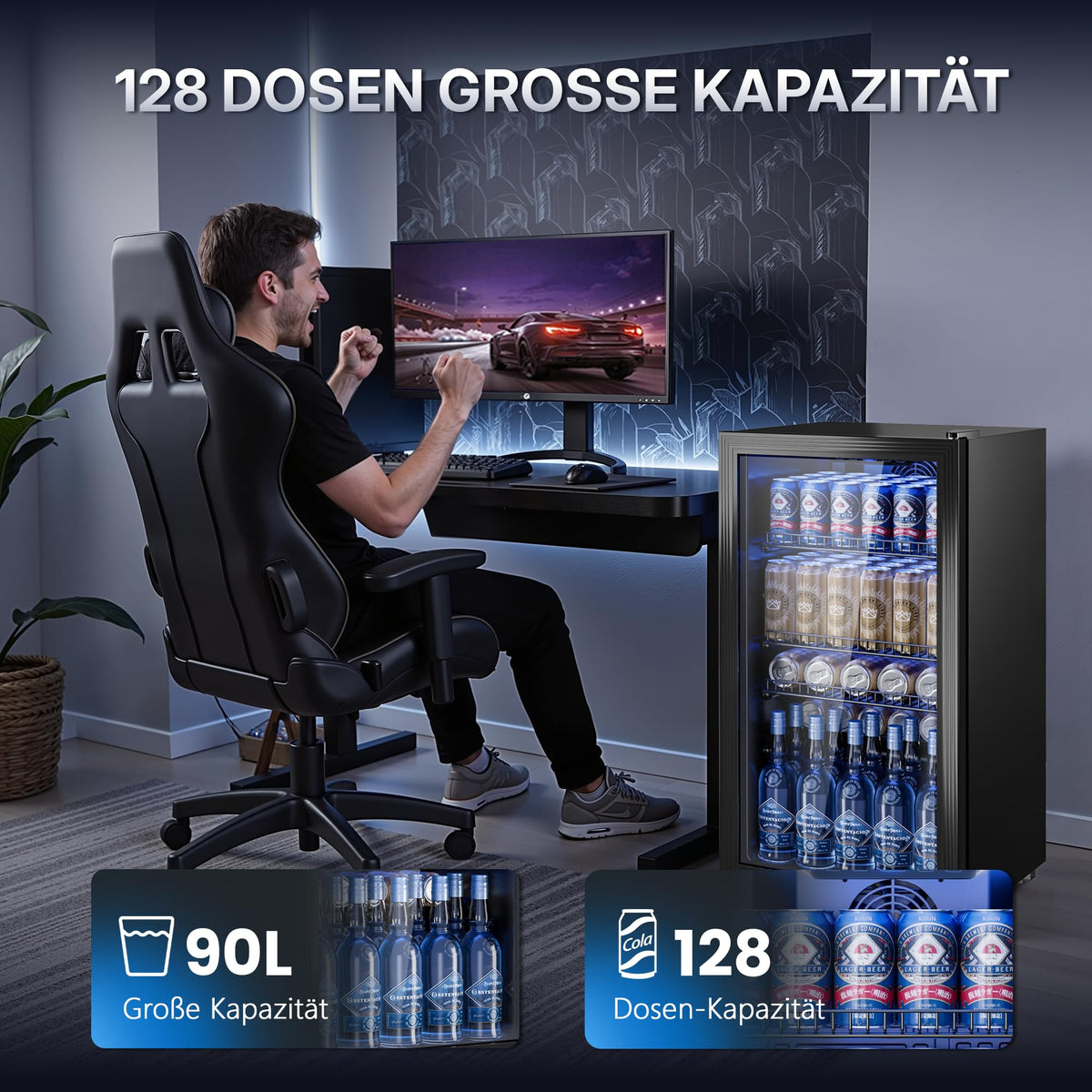 Mini Getränkekühlschrank 90L mit Glasfront für bis zu 128 Dosen mit verstellbaren Regalen Energieklasse C