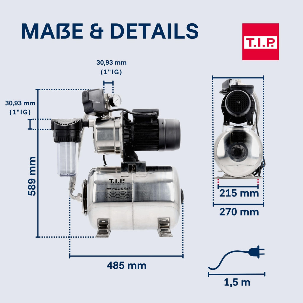 Hauswasserwerk HWW INOX 1300 Plus F, Druckkessel, 1200W, selbstansaugende Jetpumpe, 4350 l/h, 50m Förderhöhe
