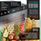 Dörrautomat aus Edelstahl mit 12 Edelstahltabletts, 800 W, 30 bis 90°C, 10000 cm², für Obst, Fleisch, Pilze